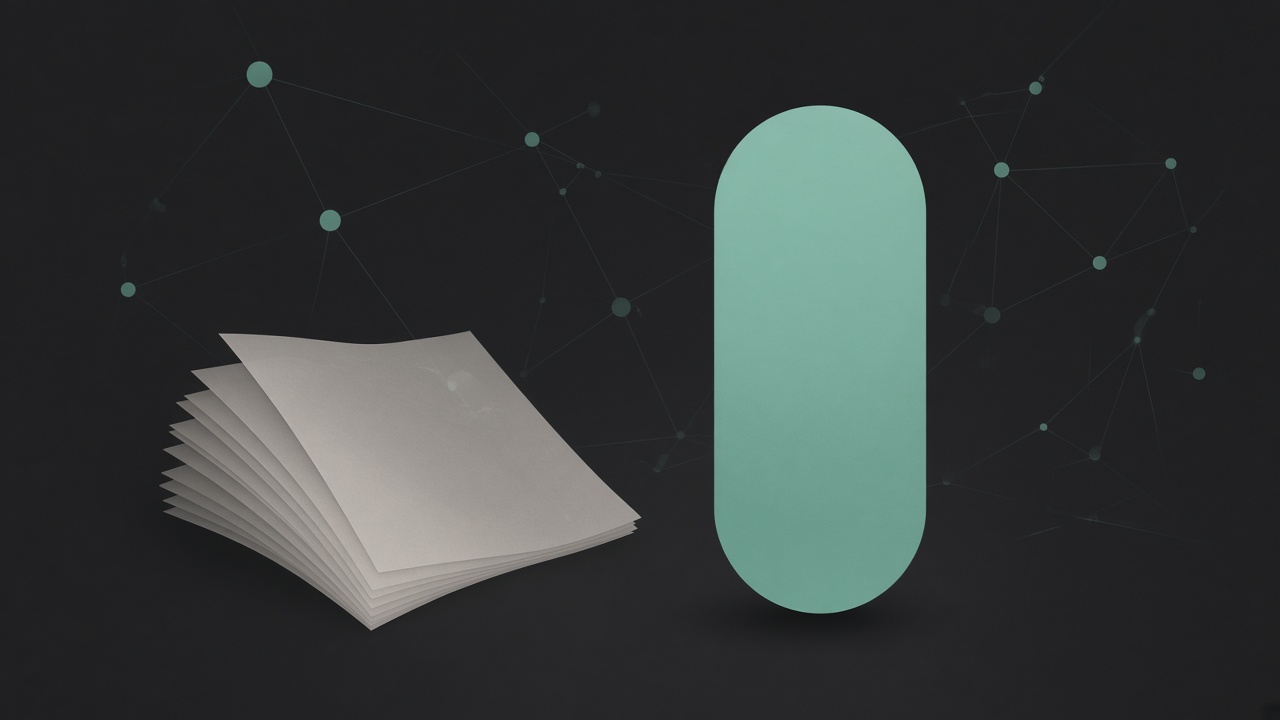 Mint capsule and stacked briefing sheets on a dark field